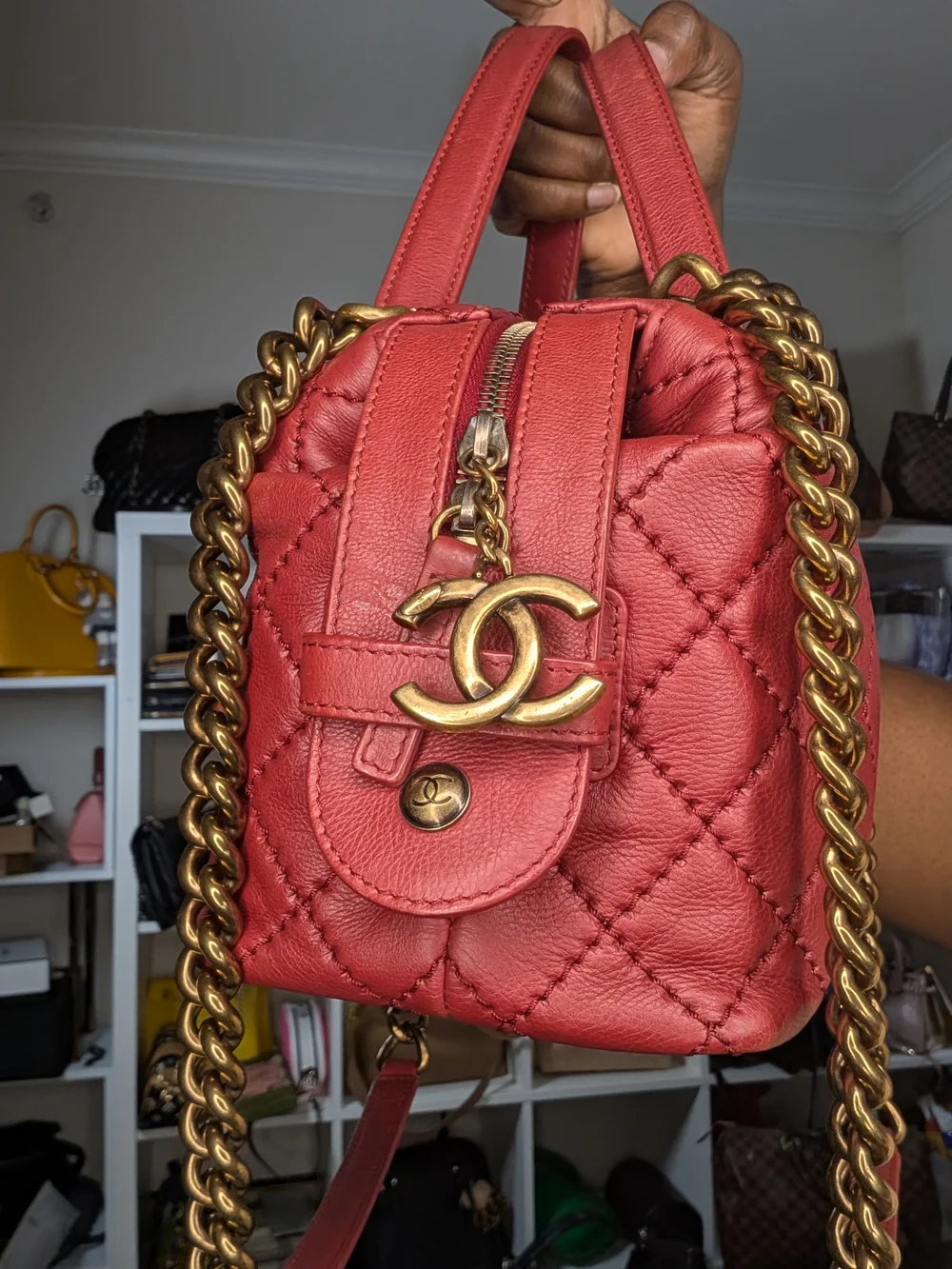 Chanel CC 2 way top handle Quilted Red Shoulder Handbag with bronze Chain